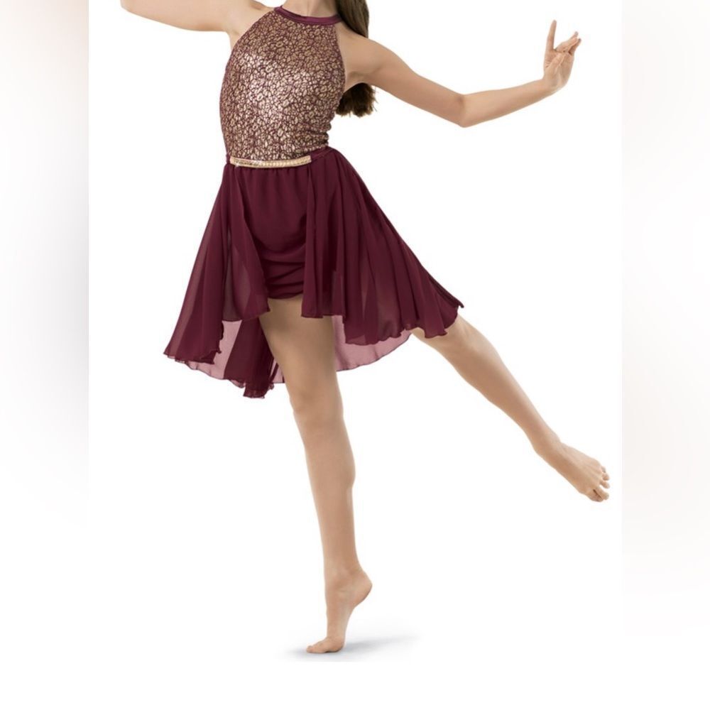 WEISSMAN Dance Costume lyrical dress burgundy gold Juma Mountain 9984 child LC